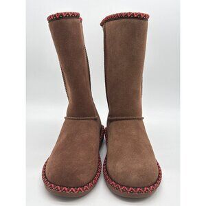 Bearpaw Womens Size 7 Suede Brown Boots With Red Trim & Dual Logos